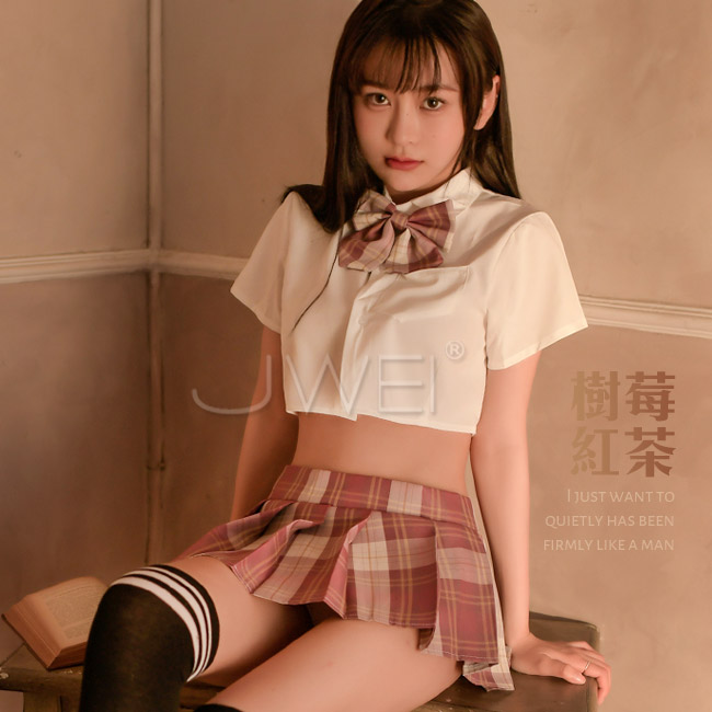 幸福包圍.百褶短裙學生套裝四件組(淺玫色)