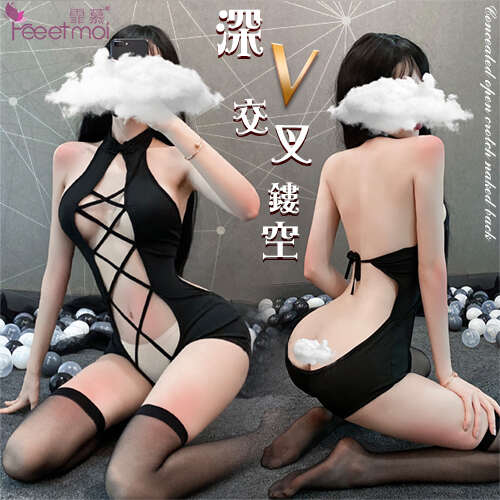 情趣連身衣!深V交叉鏤空暗釦開襠裸背兩件組 - 含絲襪